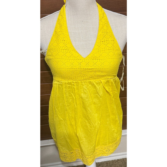 NWT Energie Halter Top cami tank Bright Yellow eyelet Lace Trim Coquette sz M - Picture 1 of 7